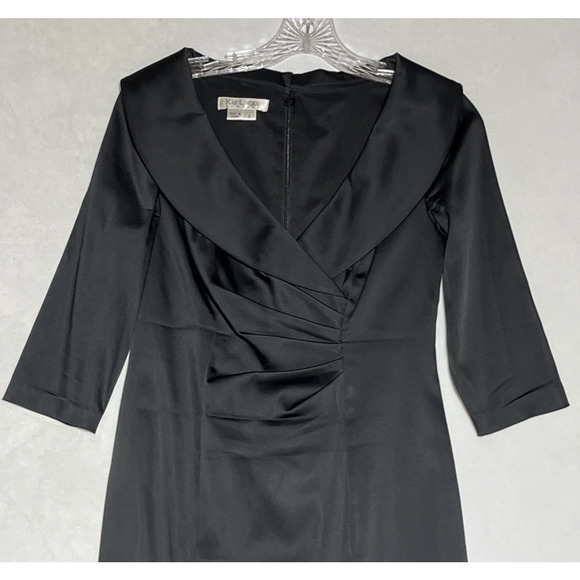 Kay Unger Sheath Dress 4 Black Satin V Neck Shawl Collar Ruched Cocktail Formal - Picture 3 of 14